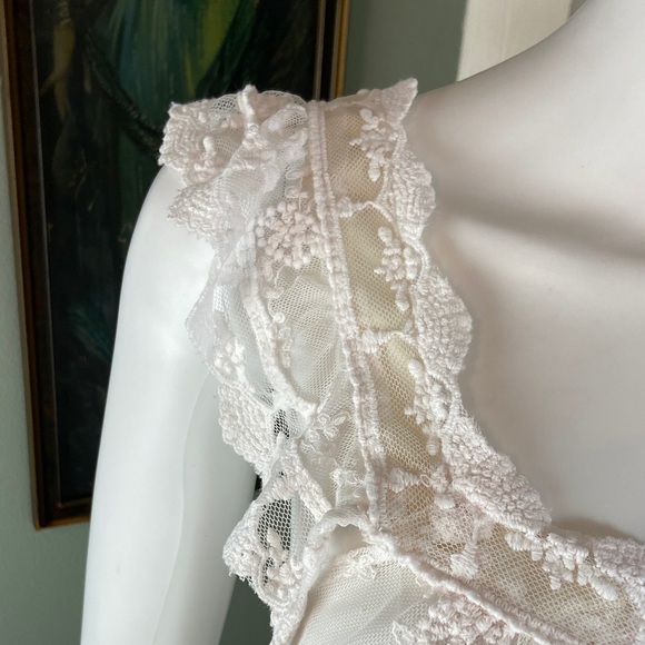 Pinky White Lace sheer Button Tank Top mesh embroidered romantic floral medium M - Picture 6 of 10